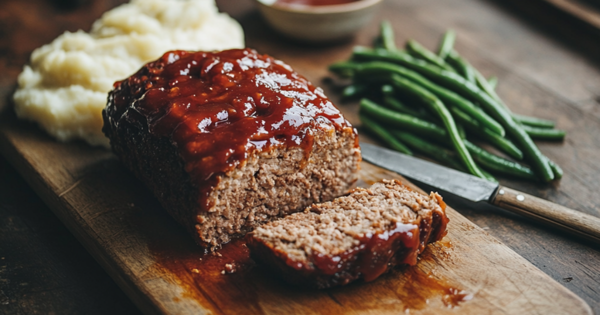 A classic meatloaf sliced on a wooden board, topped with a rich ketchup glaze, showcasing the perfect meatloaf formula. Served alongside creamy mashed potatoes and fresh green beans for a comforting, homemade meal.