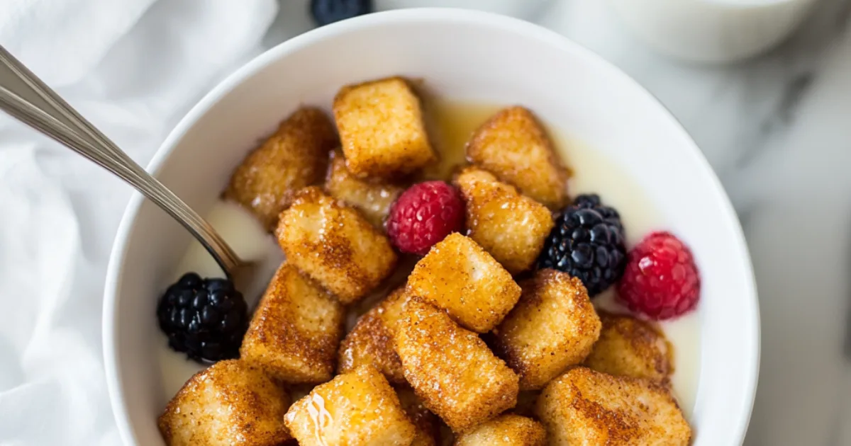 Bowl of French toast cereal with maple syrup and fresh berries on a bright kitchen countertop.