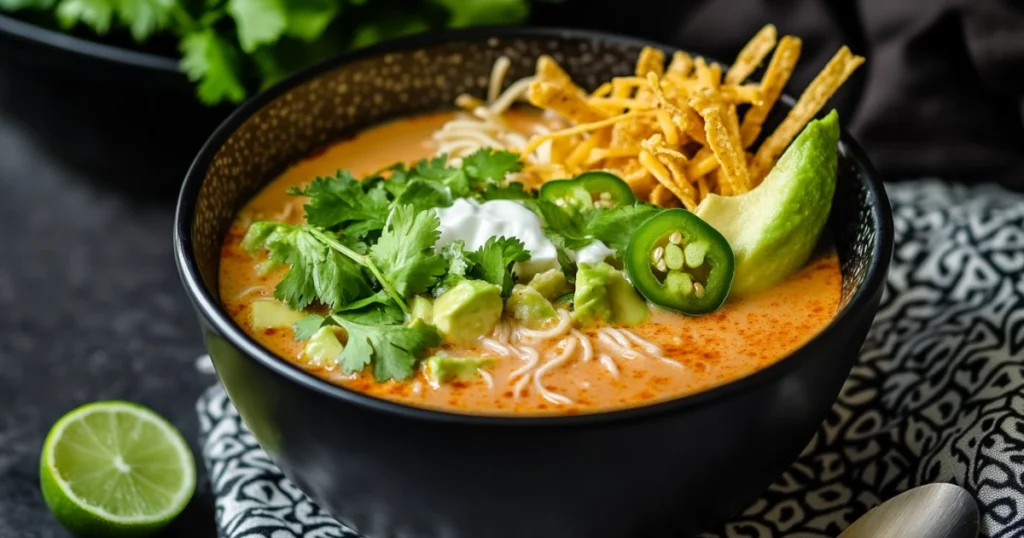 A close-up of taco soup garnished with cheese, sour cream, avocado, tortilla strips, and jalapeño slices on a cozy table setting.