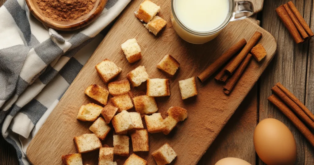 Bread cubes soaking in a cinnamon-egg mixture during French toast cereal preparation.