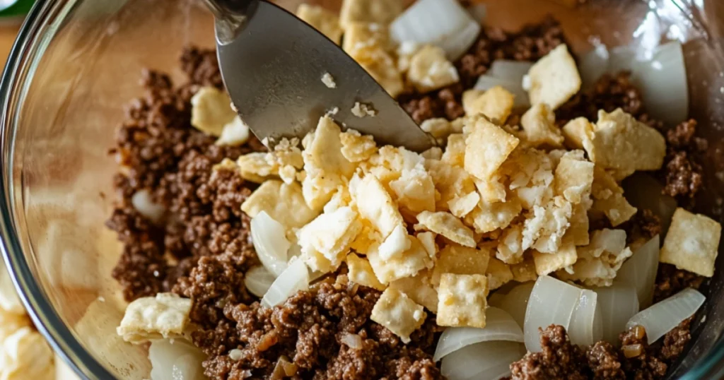 Mixing meatloaf ingredients: ground beef, crushed Ritz crackers, onions, and seasonings in a bowl with a spatula.