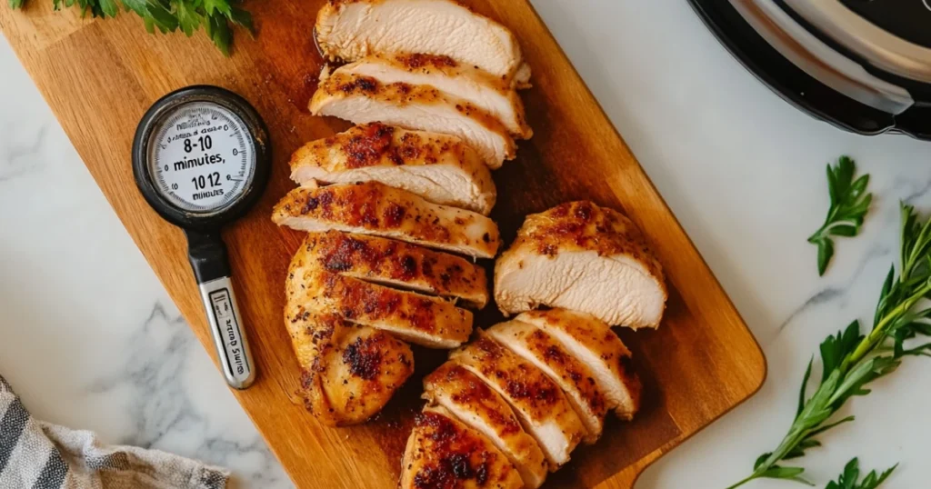 Cooked chicken breast and thighs on a wooden board with labeled cooking times and an Instant Pot in the background.