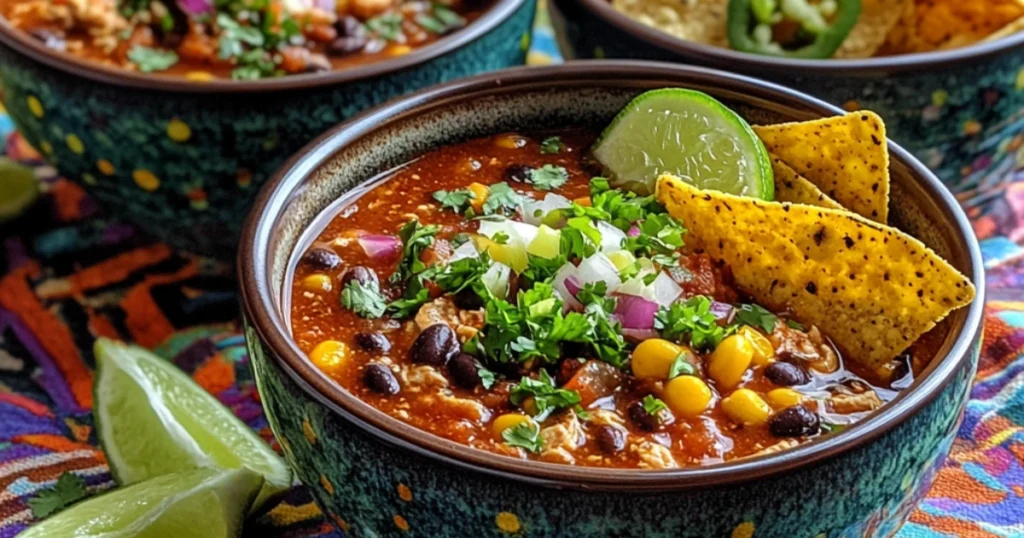 2 bowls of taco soup variations: chicken, vegetarian, and spicy, each uniquely garnished and displayed on a vibrant tablecloth.