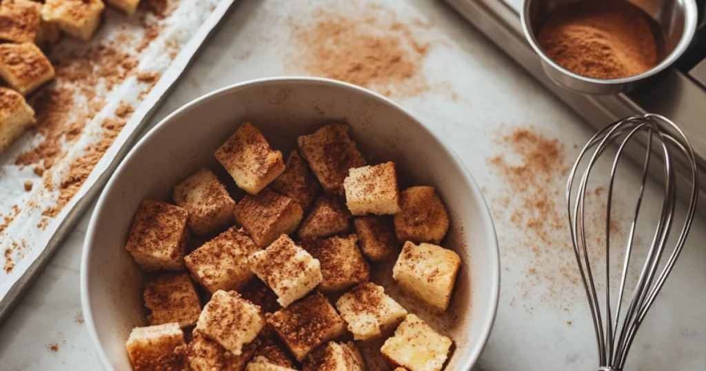 Bread cubes soaking in a cinnamon-egg mixture during French toast cereal preparation.