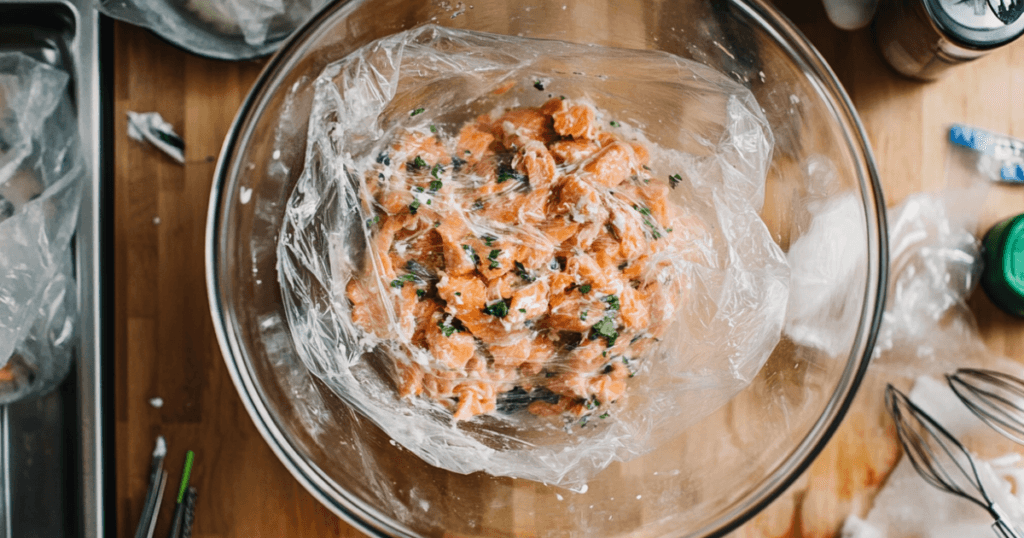 Salmon patty mixture in a glass mixing bowl with breadcrumbs, onions, and herbs on a marble kitchen counter. Learn how to keep salmon patties firm and intact with the right ingredients and binding techniques.