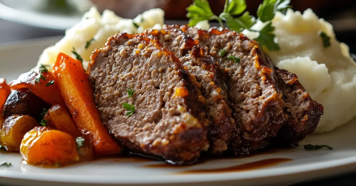 Slices of homemade meatloaf served with roasted vegetables and mashed potatoes, garnished with fresh parsley.