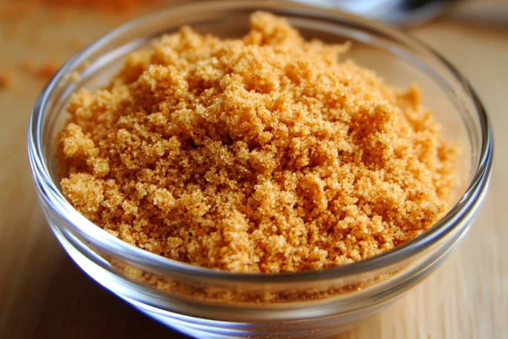 Close-up view of taco seasoning in a glass bowl, showcasing its rich texture and golden-brown color.
