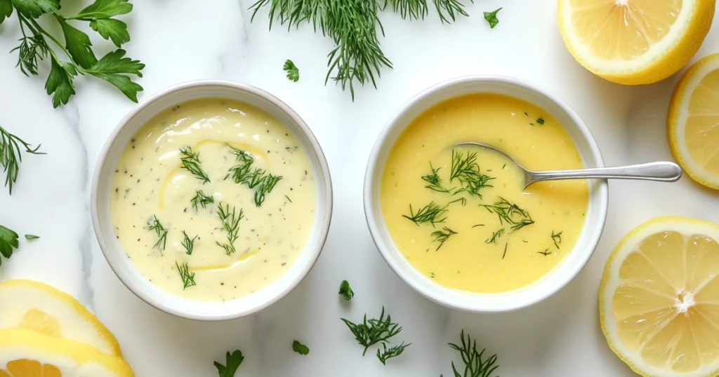 Bowls of tartar sauce and lemon dill sauce with fresh herbs and lemon slices on a marble countertop.