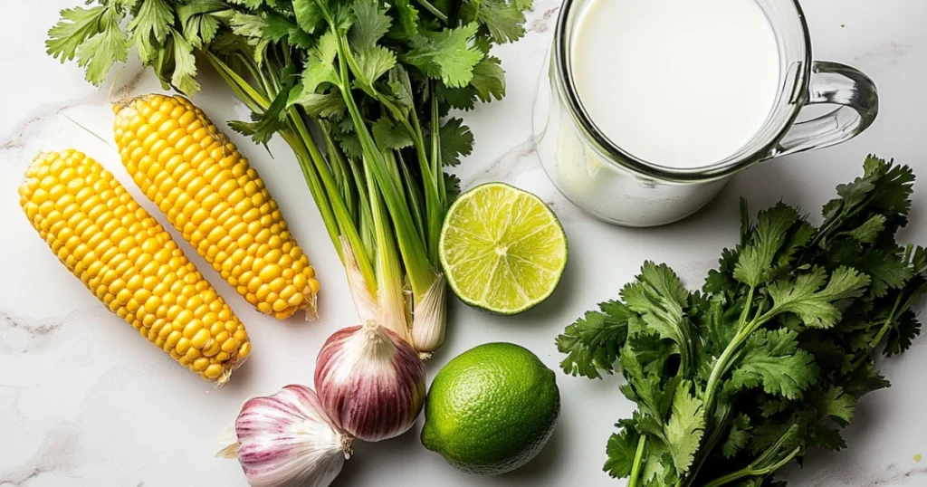 Fresh ingredients for Salvadoran corn soup, including corn, milk, onions, garlic, cilantro, and lime, on a marble countertop.