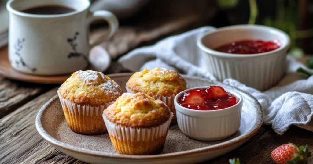 A plate of golden brown strawberry muffins served with fresh strawberries, strawberry jam, and a hot cup of coffee.