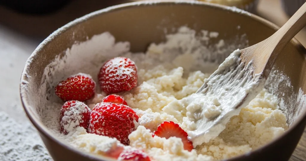 Close-up of a spatula folding fresh strawberry pieces into muffin batter in a mixing bowl.