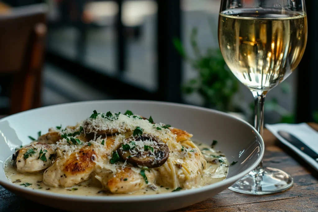 Plated chicken and portobello mushroom pasta with creamy sauce, topped with parmesan and basil, served with a glass of wine.