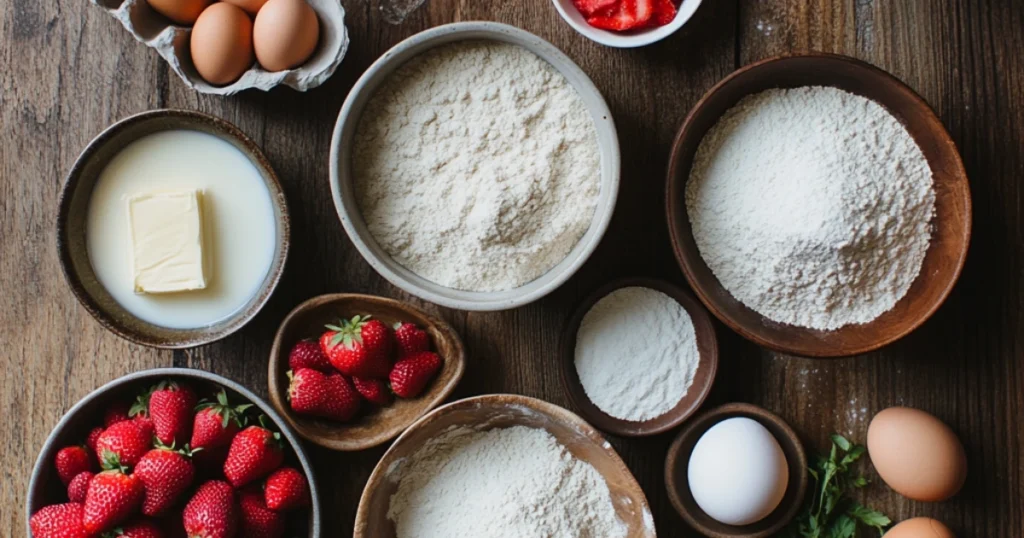 Fresh ingredients for strawberry muffins arranged neatly: flour, sugar, eggs, milk, butter, vanilla extract, and fresh strawberries.