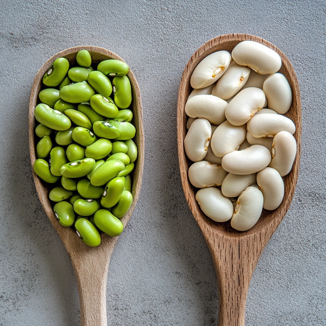 A side-by-side comparison of lima beans (small, green, and starchy) and butter beans (large, creamy, and pale beige), highlighting their differences