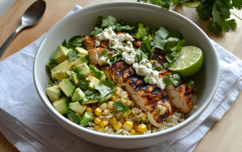 Close-up of cotija cheese being sprinkled over a Street Corn Chicken Rice Bowl with fresh garnishes.