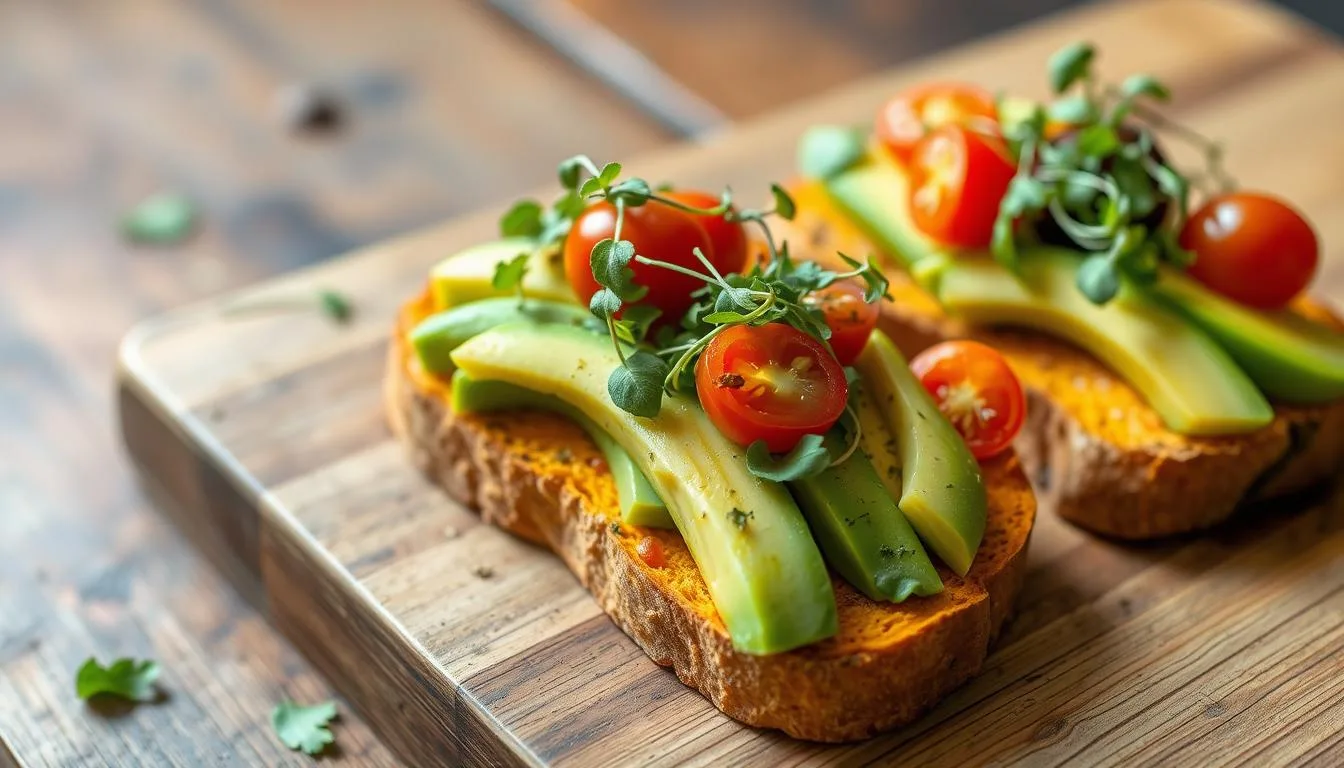 Close-up of sweet potato toast slices topped with avocado, nut butter, banana slices, and fresh vegetables on a rustic wooden board.