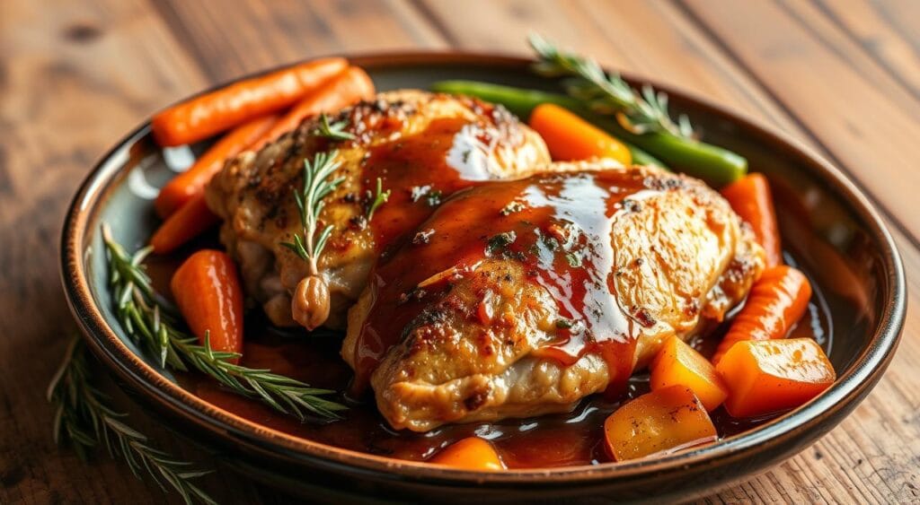 Golden-brown chicken thighs with herbs and sizzling oil.