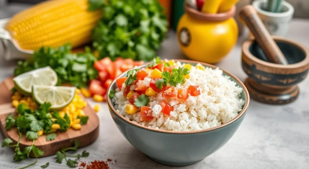 Fully assembled Street Corn Chicken Rice Bowl with rice, grilled chicken, corn salsa, and creamy toppings.
