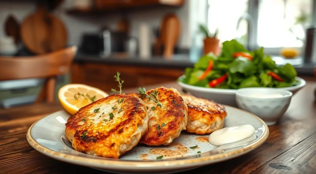 Close-up view of golden-brown salmon cakes stacked on a white plate with fresh dill, lemon wedges, and a bowl of creamy aioli.