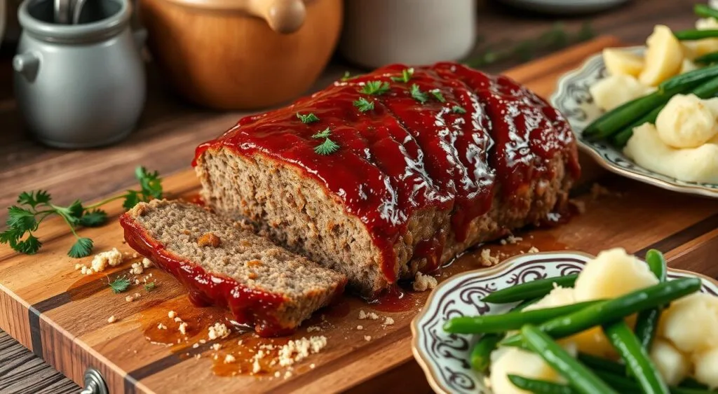 sliced homemade meatloaf with breadcrumbs on a wooden serving board, surrounded by sides.