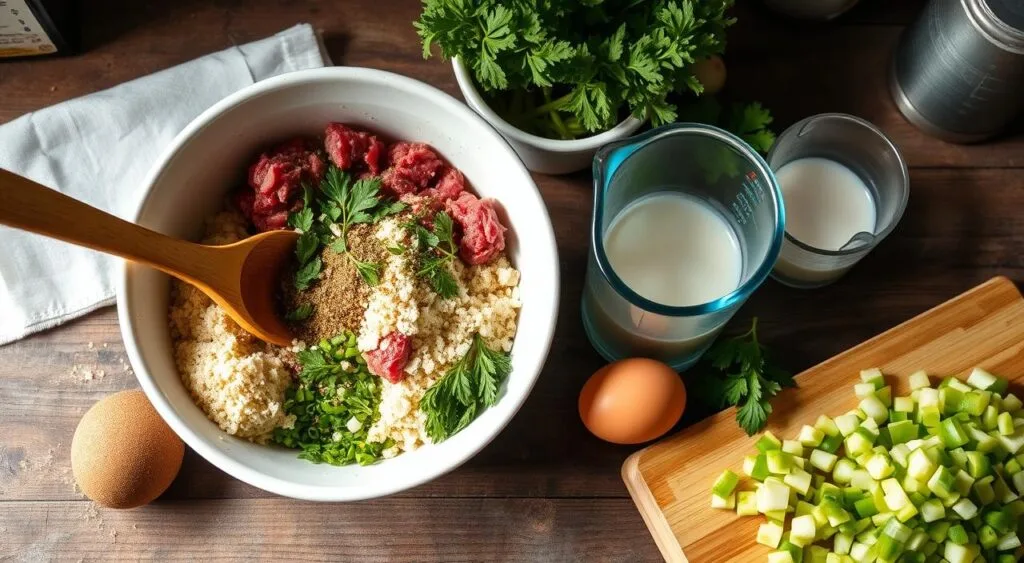 shaping meatloaf mixture into a loaf pan, showing breadcrumbs and diced onions in the mixture.