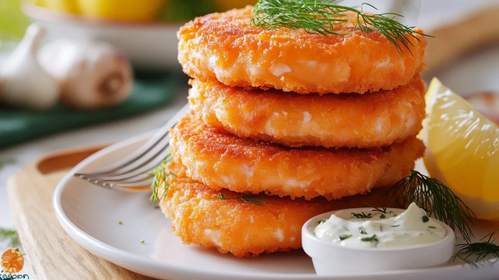 Salmon cakes sizzling in a cast-iron skillet, turning golden-brown with oil bubbling around the edges.