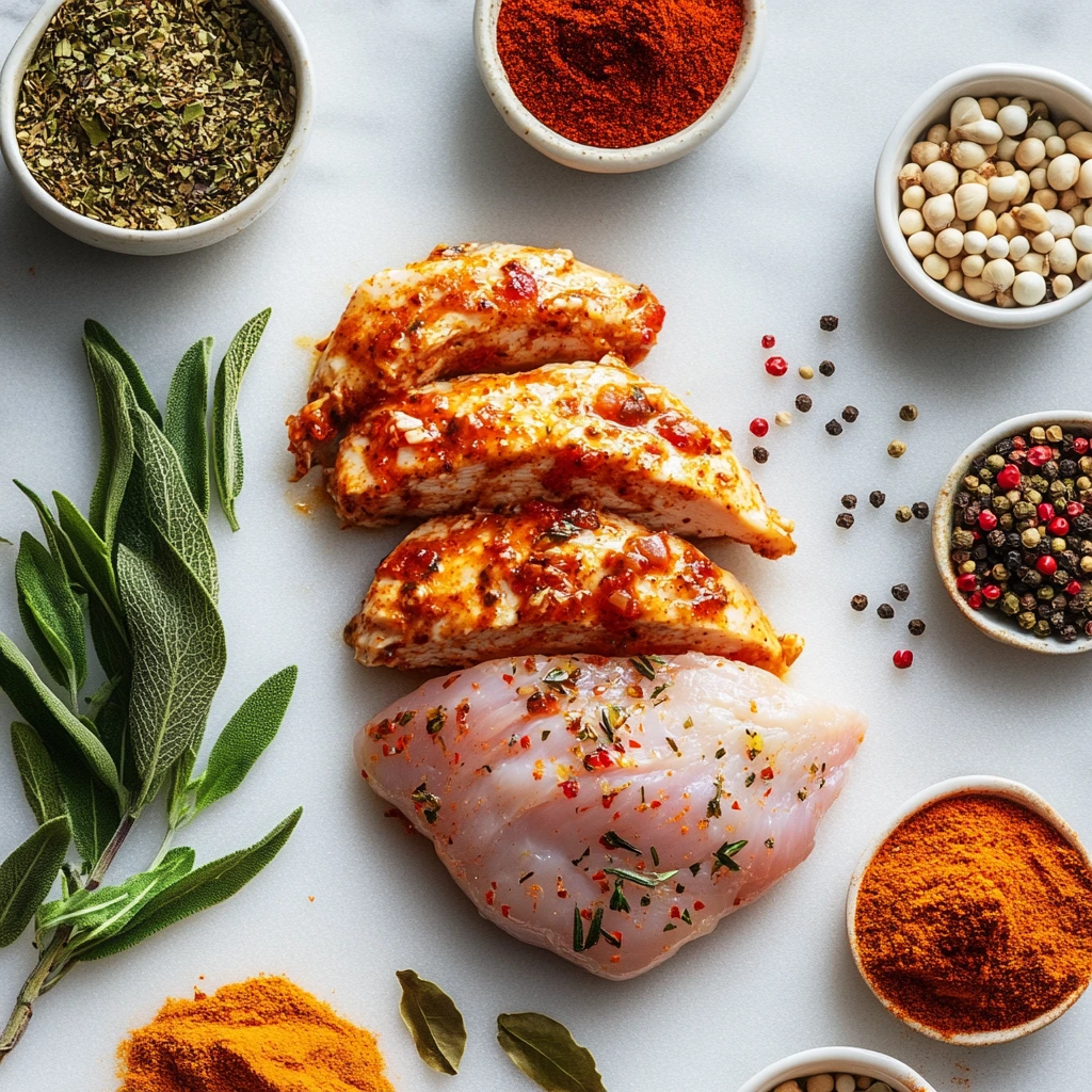 Overhead shot of chicken taco seasoning with key spices like chili powder, onion powder, and oregano placed around it.