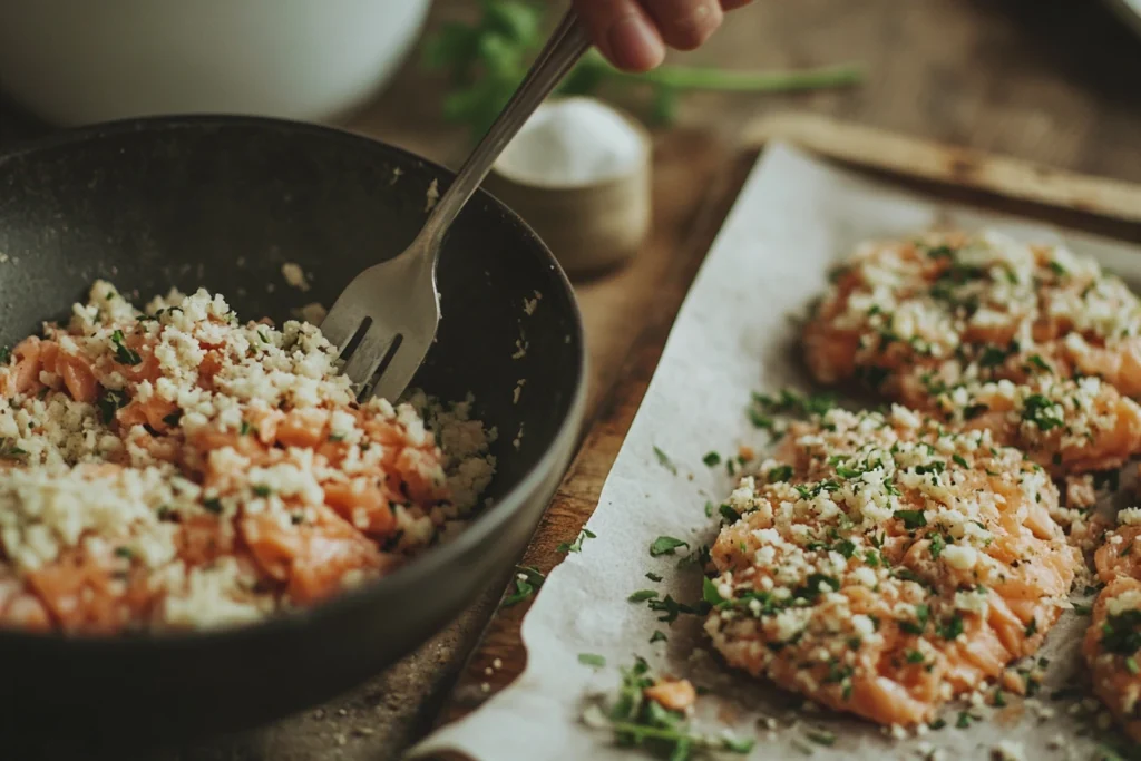 Close-up of a hand mixing salmon cake ingredients in a bowl, and salmon patties being shaped and placed on a tray.